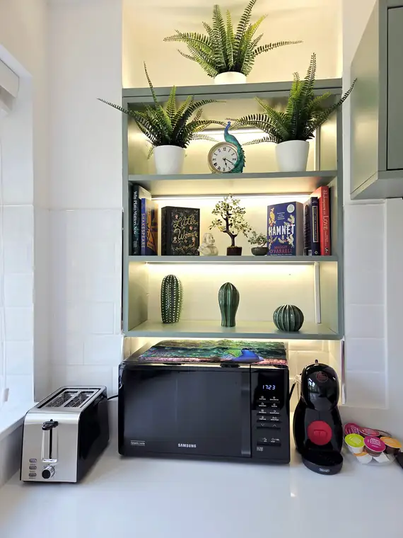A lit display niche with books, ferns and a clock